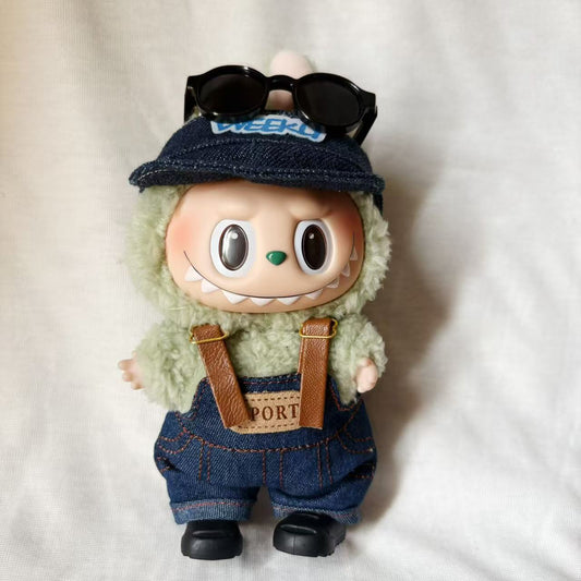 Handmade Denim Overalls Set - Overalls + Cap + Shoes & Sunglasses for 17cm Dolls