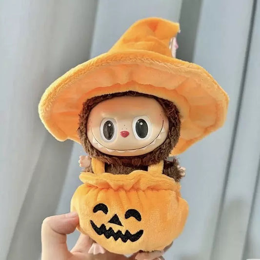 Handmade Halloween Pumpkin Outfit Set - Pointed Hat & Jack-o'-Lantern Top for 17cm Dolls