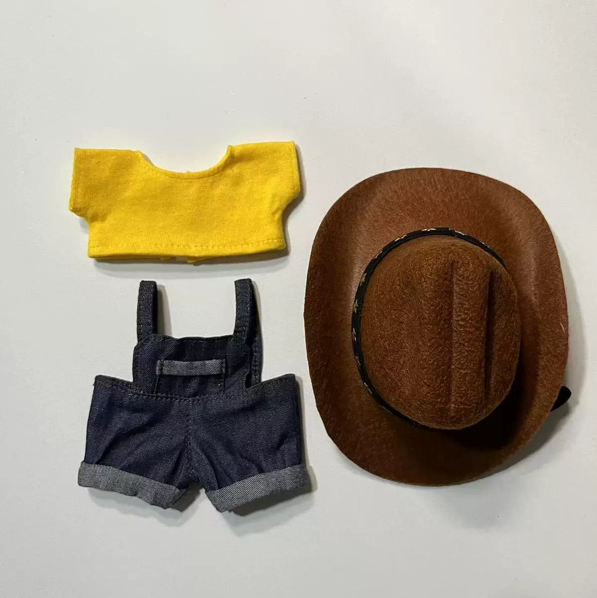 Handmade Denim Overalls Set - Western Cowboy Style with Yellow Top & Hat for 17cm Dolls