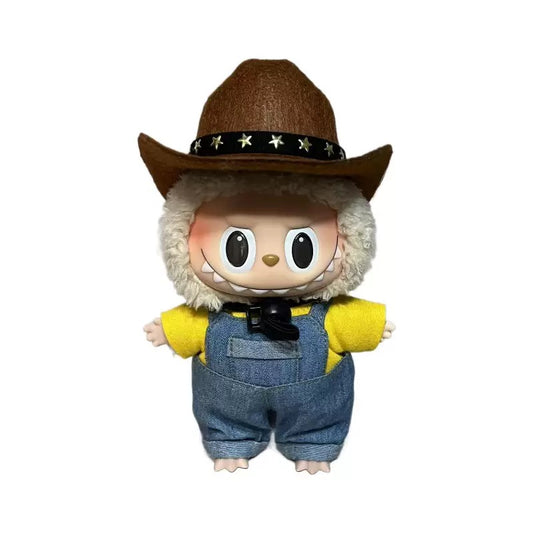 Handmade Denim Overalls Set - Western Cowboy Style with Yellow Top & Hat for 17cm Dolls