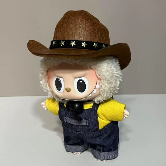 Handmade Denim Overalls Set - Western Cowboy Style with Yellow Top & Hat for 17cm Dolls
