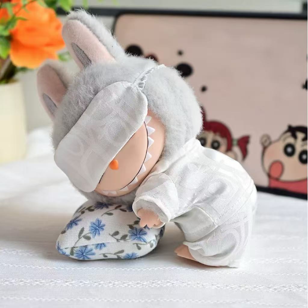 Handmade White Pajama Set - Top, Shorts & Sleep Mask for 17cm Dolls