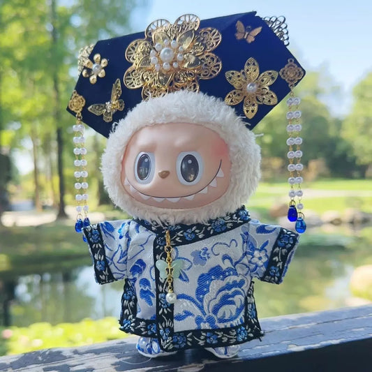 Handmade Manchu-style Outfit Set - Embroidered Qipao & Floral Headdress for 17cm Dolls