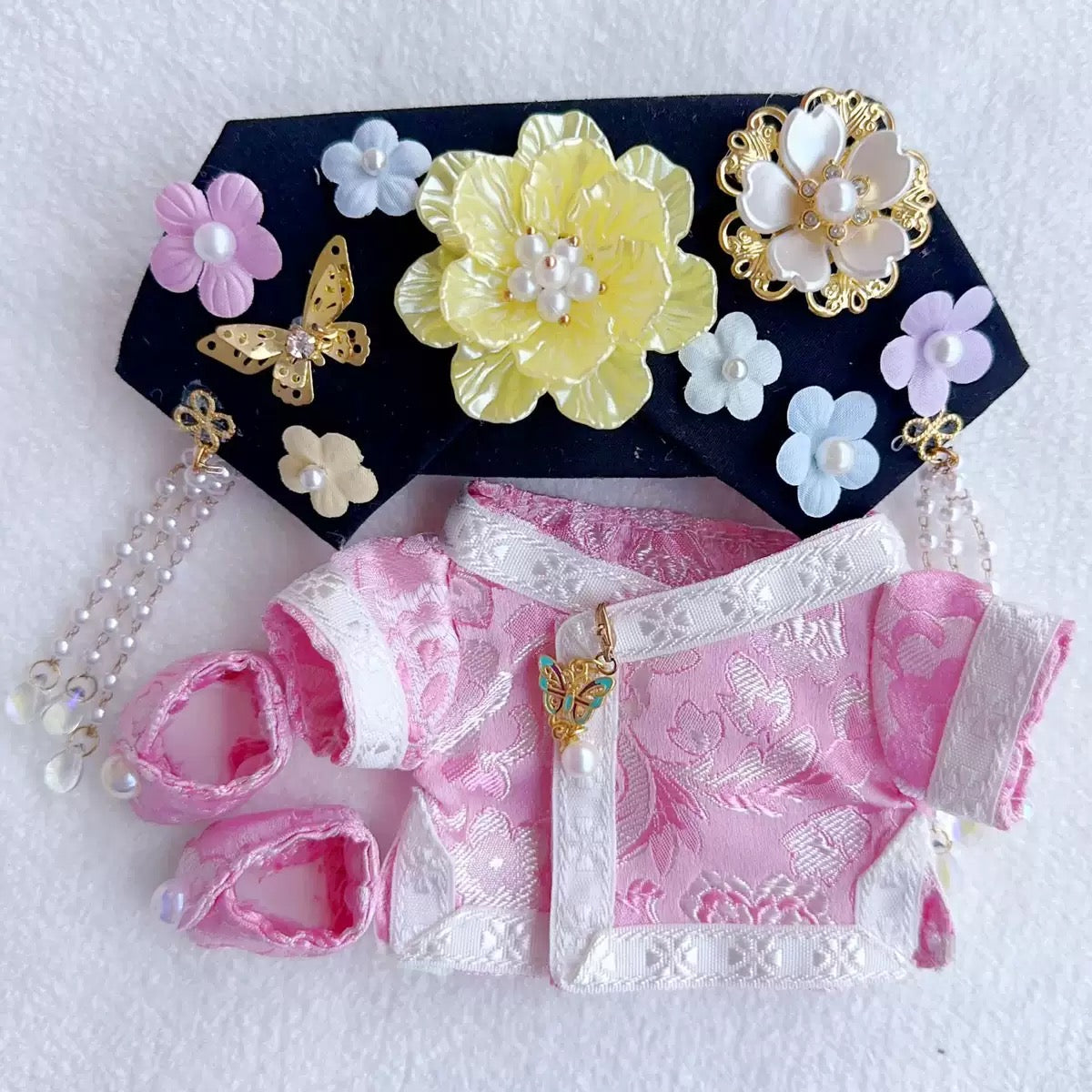 Handmade Manchu-style Outfit Set - Embroidered Qipao & Floral Headdress for 17cm Dolls