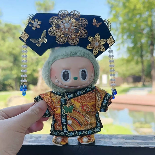 Handmade Manchu-style Outfit Set - Embroidered Qipao & Floral Headdress for 17cm Dolls