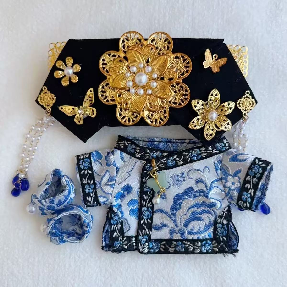 Handmade Manchu-style Outfit Set - Embroidered Qipao & Floral Headdress for 17cm Dolls