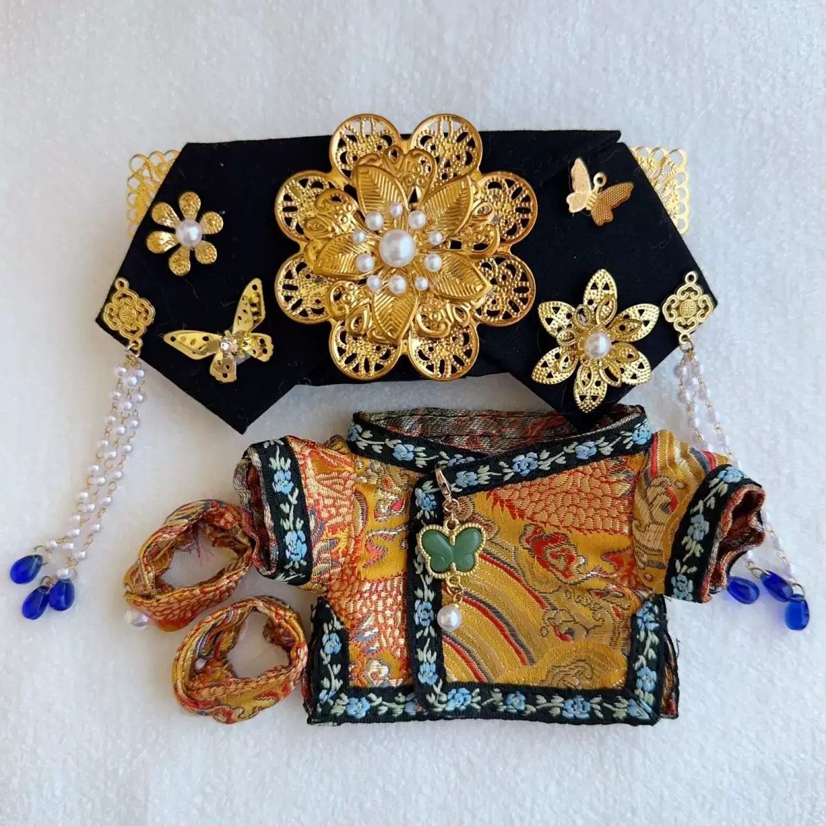 Handmade Manchu-style Outfit Set - Embroidered Qipao & Floral Headdress for 17cm Dolls