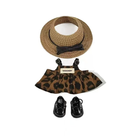 Handmade Leopard Print Dress Set for 17cm Dolls - Sleeveless Dress + Leather Shoes + Straw Hat