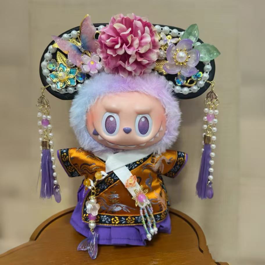 Handmade Manchu-style Princess Outfit Set for 17cm Dolls - Qipao Top + Pleated Skirt + Headdress (Doll Not Included