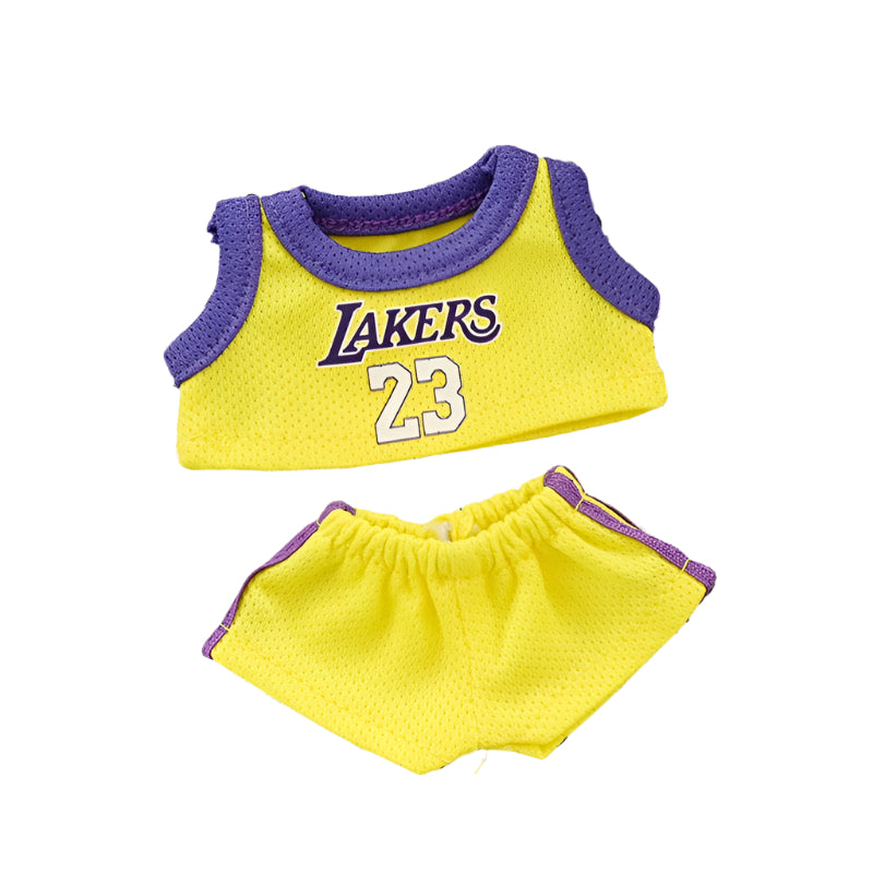 Yellow and purple Lakers outfit with number 23 on a white background