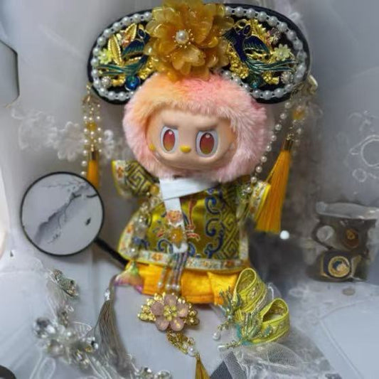 Handmade Manchu-style Princess Outfit Set for 17cm Dolls - Qipao Top + Pleated Skirt + Headdress (Doll Not Included