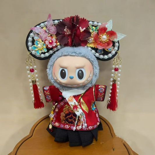 Handmade Manchu-style Princess Outfit Set for 17cm Dolls - Qipao Top + Pleated Skirt + Headdress (Doll Not Included