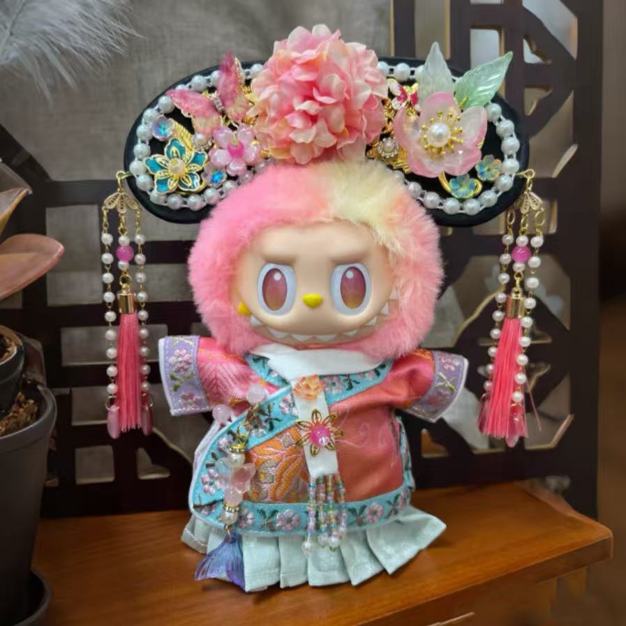 Handmade Manchu-style Princess Outfit Set for 17cm Dolls - Qipao Top + Pleated Skirt + Headdress (Doll Not Included