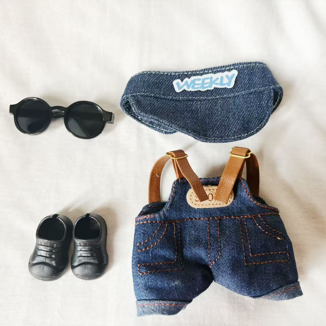 Handmade Denim Overalls Set - Overalls + Cap + Shoes & Sunglasses for 17cm Dolls
