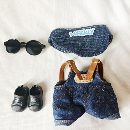 Handmade Denim Overalls Set - Overalls + Cap + Shoes & Sunglasses for 17cm Dolls