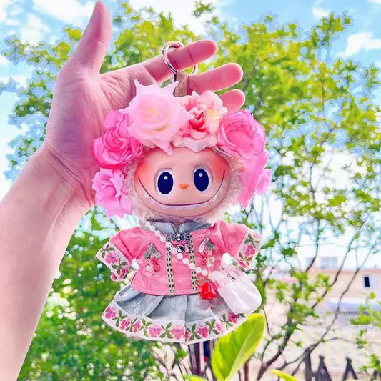 Handmade Chinese Folk Dress Set – Pink Top + Green Skirt + Floral Hairpin & Pearl Bag for 17cm Dolls
