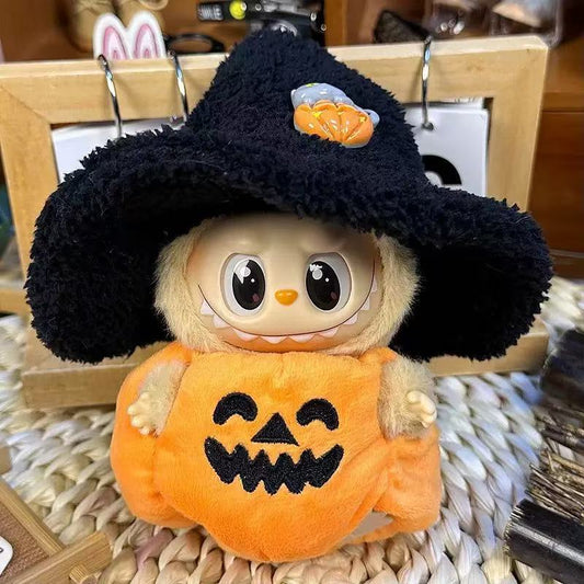 Handmade Halloween Pumpkin Outfit Set - Pointed Hat & Jack-o'-Lantern Top for 17cm Dolls