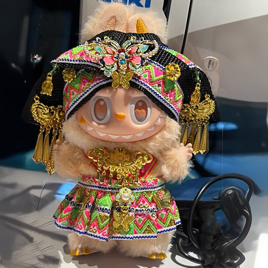 Handmade Ethnic Style Outfit - Pleated Skirt with Gold Accents & Butterfly Hair Clip for 17cm Dolls