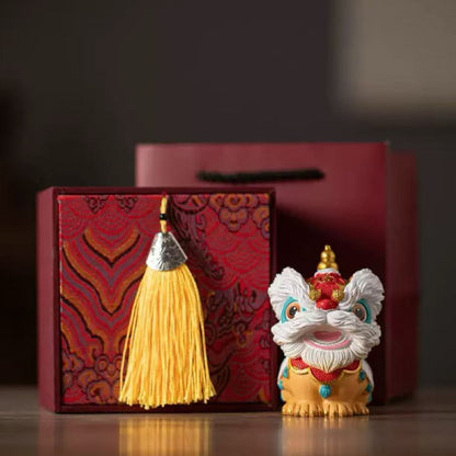 Chinese Lucky Lion Display Figurine - 8cm Auspicious Ornament (Red & Blue Options)