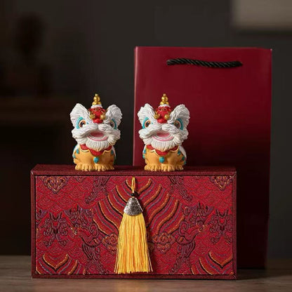 Chinese Lucky Lion Display Figurine - 8cm Auspicious Ornament (Red & Blue Options)