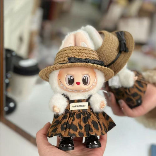 Handmade Leopard Print Dress Set for 17cm Dolls - Sleeveless Dress + Leather Shoes + Straw Hat