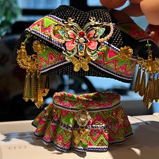 Handmade Ethnic Style Outfit - Pleated Skirt with Gold Accents & Butterfly Hair Clip for 17cm Dolls