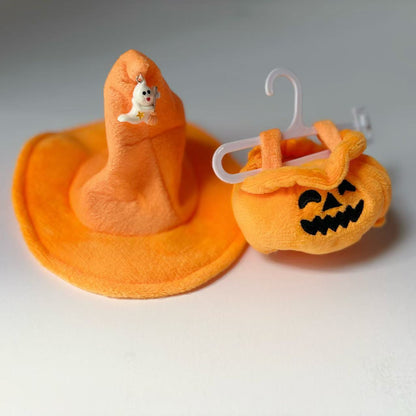 Handmade Halloween Pumpkin Outfit Set - Pointed Hat & Jack-o'-Lantern Top for 17cm Dolls