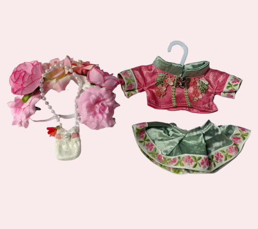 Set of floral-themed clothing and accessories on a white background